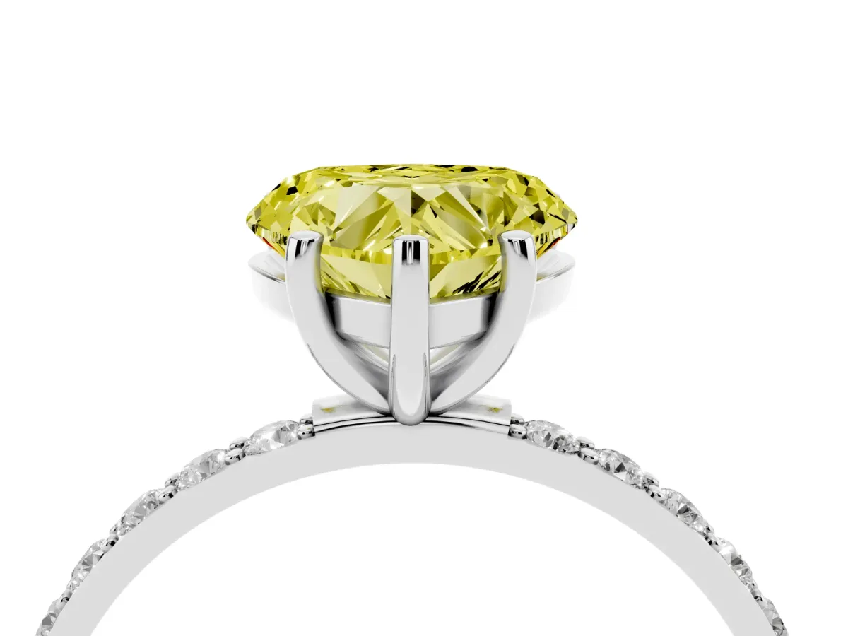 Fancy Yellow Heart Cut Diamond Solitaire Ring with Round Pavé Shoulders and Prong Setting Silver