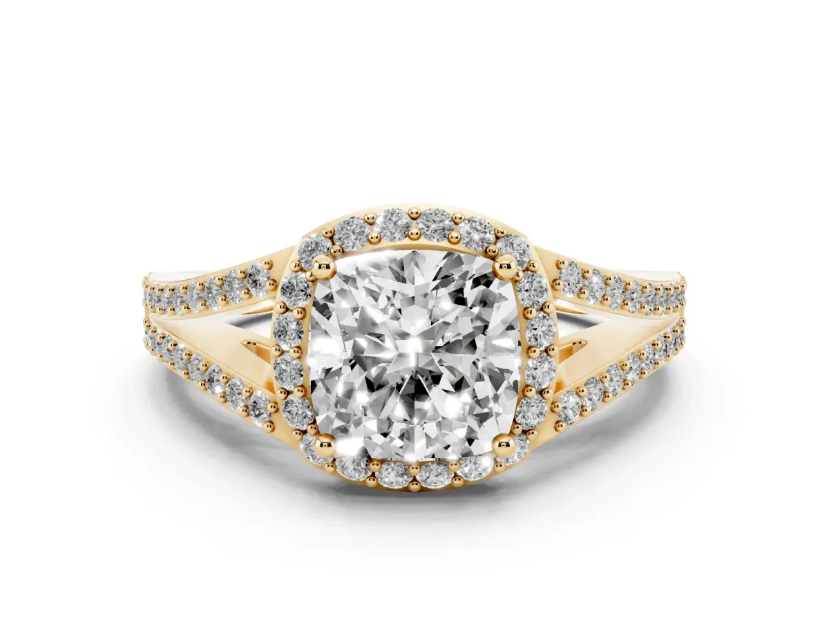 Cushion Cut Halo Split Shank Diamond Ring with Prong Setting Yellow gold