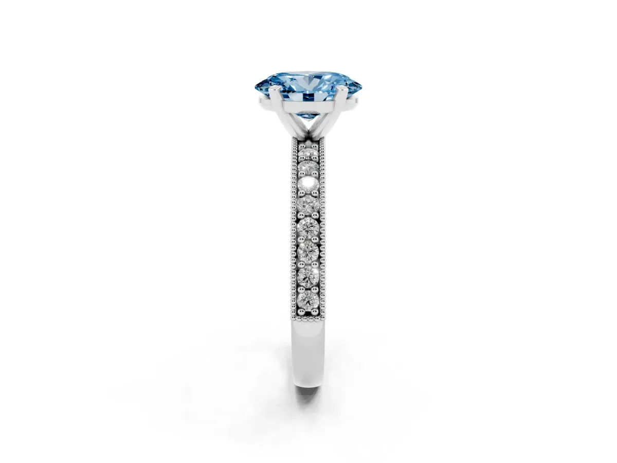 Fancy Blue Oval Cut Diamond Milgrain Pavé Engagement Ring with Four-Prong Setting Platinum