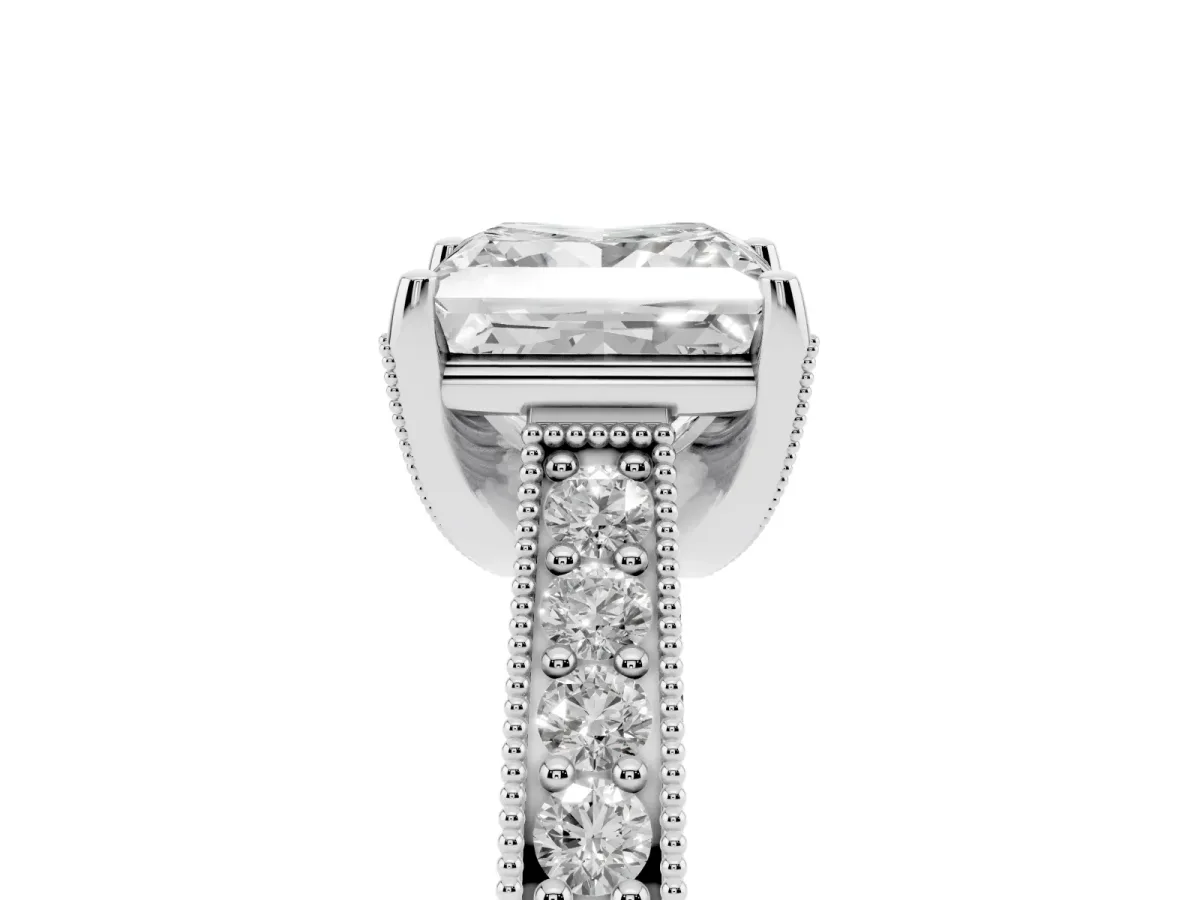 Princess Cut Cut Diamond Solitaire Ring with Milgrain Pave Band and Four Prong Setting Silver