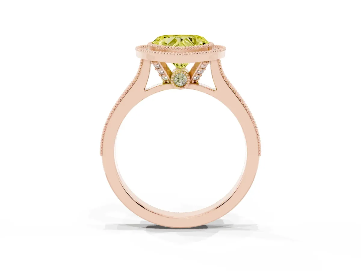 Fancy Yellow Halo Heart Cut-Cut Diamond Pave Band Milgrain Prong Setting Ring Rose gold