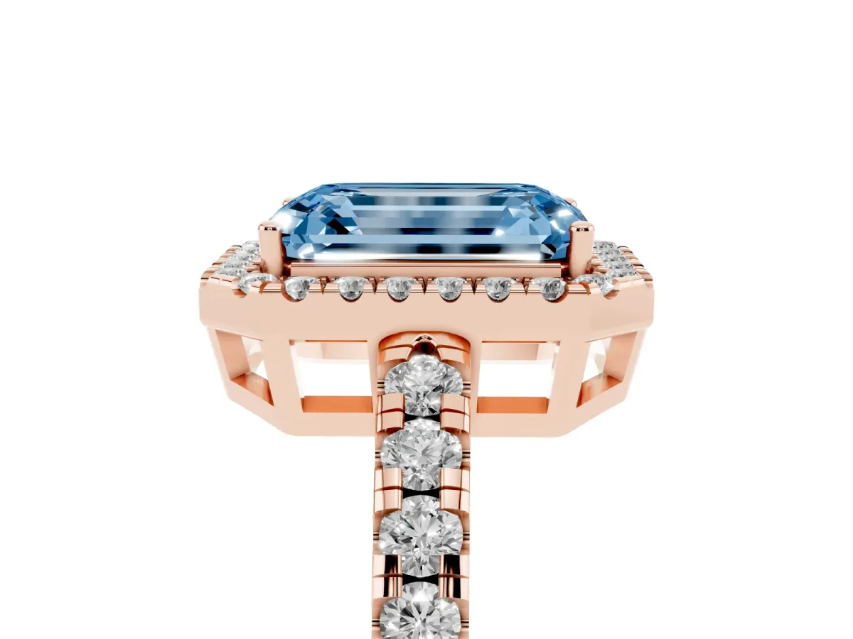 Fancy Blue Emerald Cut Diamond Halo Ring with Pavé Band and Four-Prong Setting Rose gold