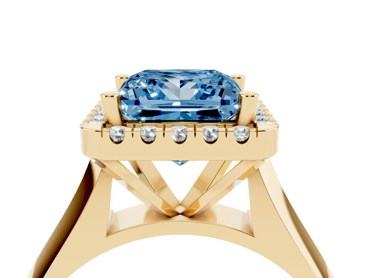 Fancy Blue Princess Cut Cut Halo Solitaire Engagement Ring with Square Band and Four-Prong Setting Yellow gold