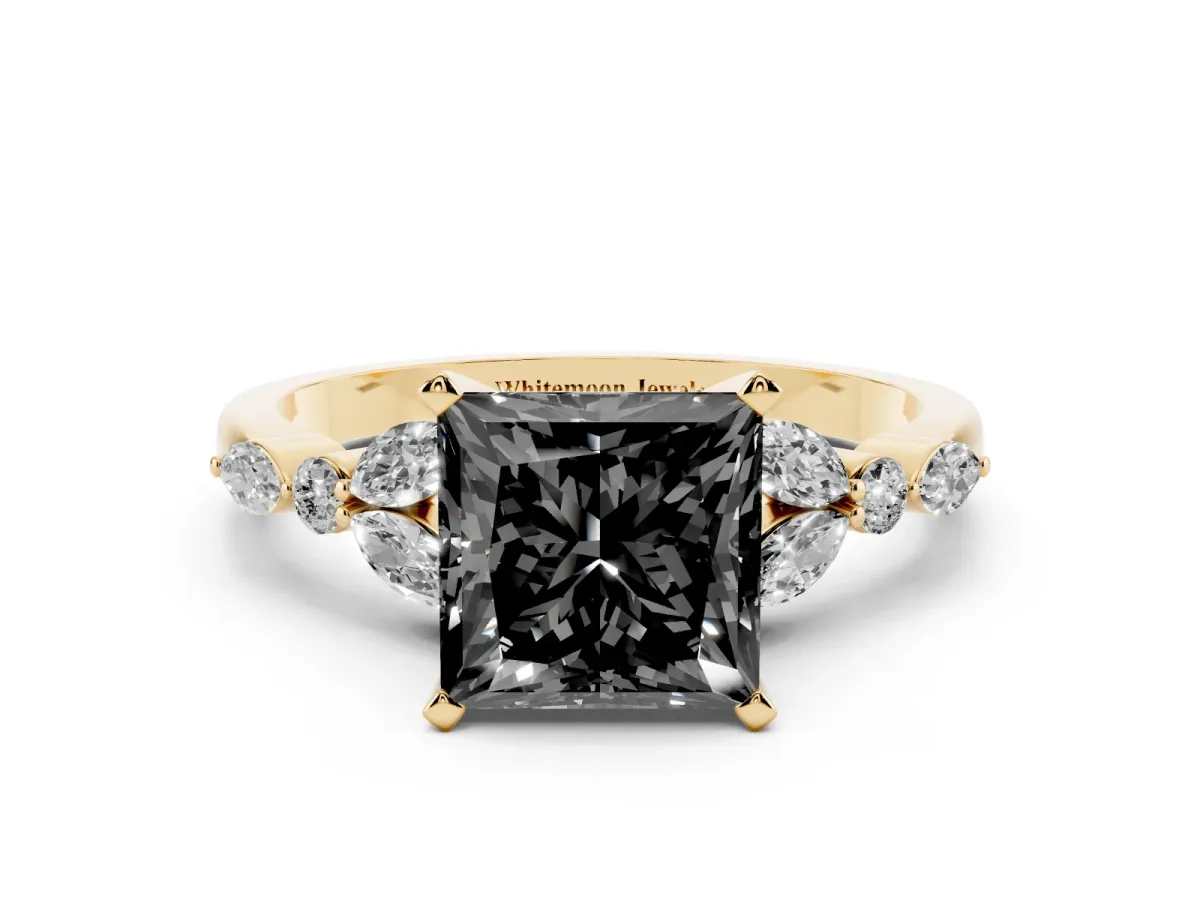 Fancy Black Princess Cut Diamond Solitaire Ring with Side Stones and Four-Prong Setting Yellow gold