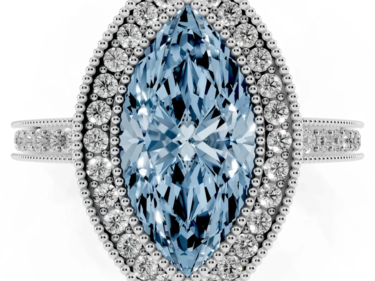 Fancy Blue Marquise Cut Cut Halo Diamond Ring with Pavé Band and Milgrain Prong Setting Platinum