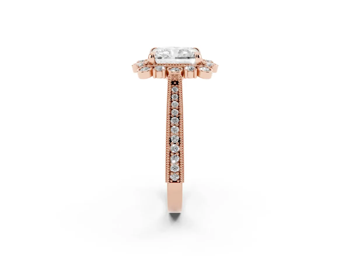 Radiant Cut Halo Milgrain Pave Diamond Ring with Four-Prong Setting Rose gold