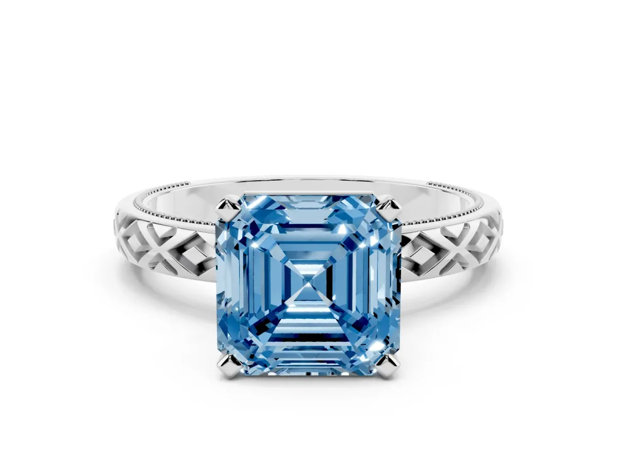 Fancy Blue Asscher Cut Solitaire Diamond Ring with Milgrain and Black Enamel X Pattern Band Silver