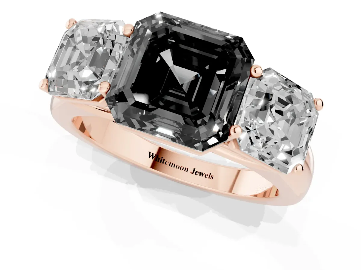 Fancy Black Asscher Cut Three-Stone Diamond Ring with Prong Setting on a Classic Band Rose gold