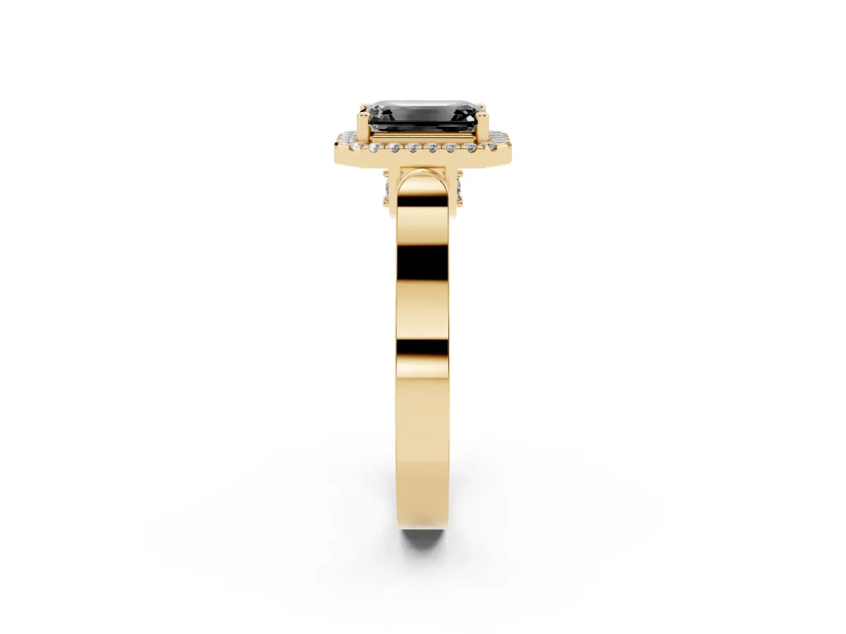 Fancy Black Emerald Cut Halo Round Diamond Twist Band with Four-Prong Setting Yellow gold