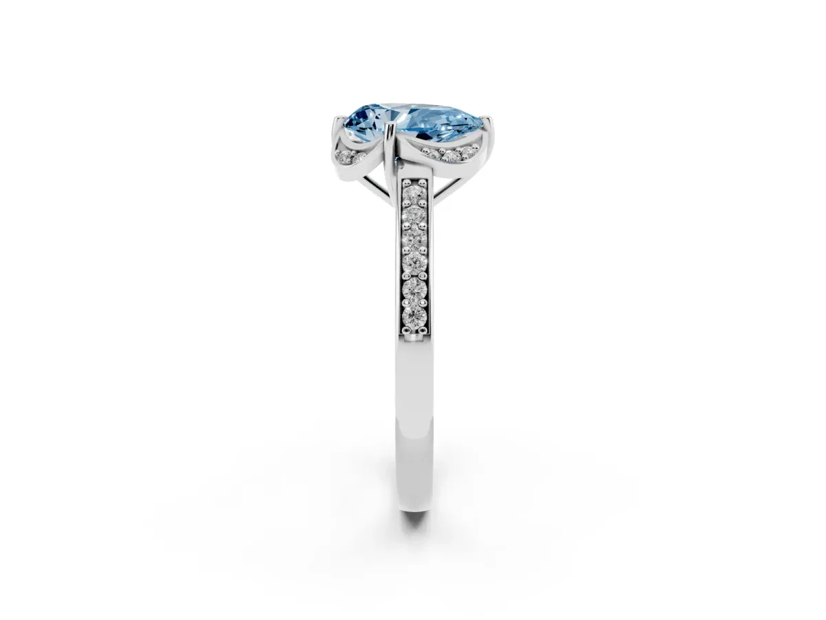 Fancy Blue Pear Cut Cut Halo Diamond Ring with Channel Set Band and Four-Prong Setting Silver