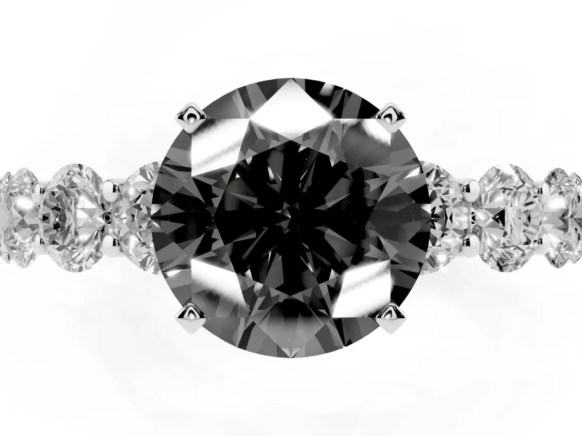 Fancy Black Round Cut Diamond Prong Setting with Side Stones on a Pave Band Silver