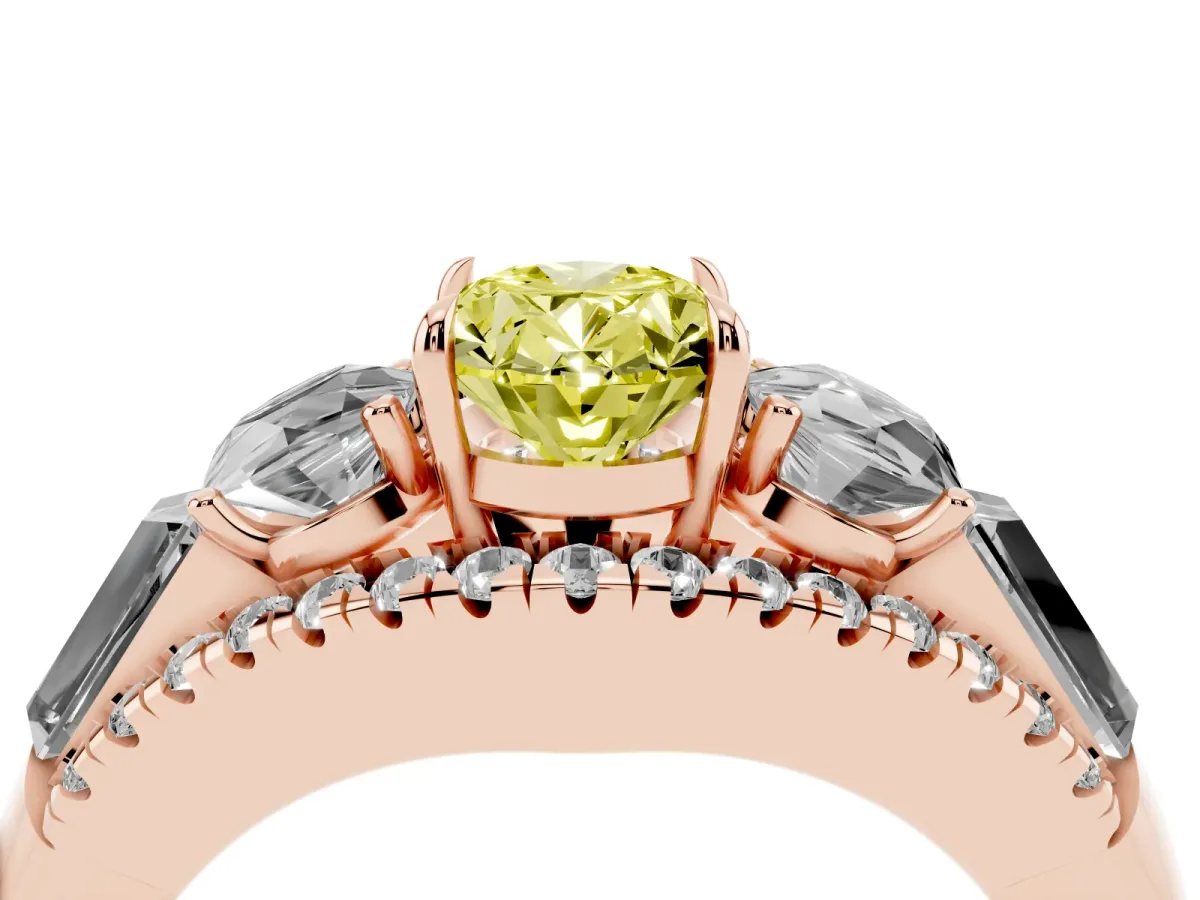 Fancy Yellow Three-Stone Oval Cut Diamond Engagement Ring with Pave Band and Prong Setting Rose gold