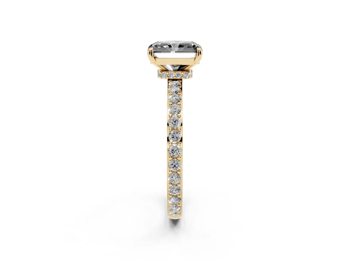 Fancy Black Radiant Cut Diamond Pavé Engagement Ring with Round Accents and Prong Setting Yellow gold