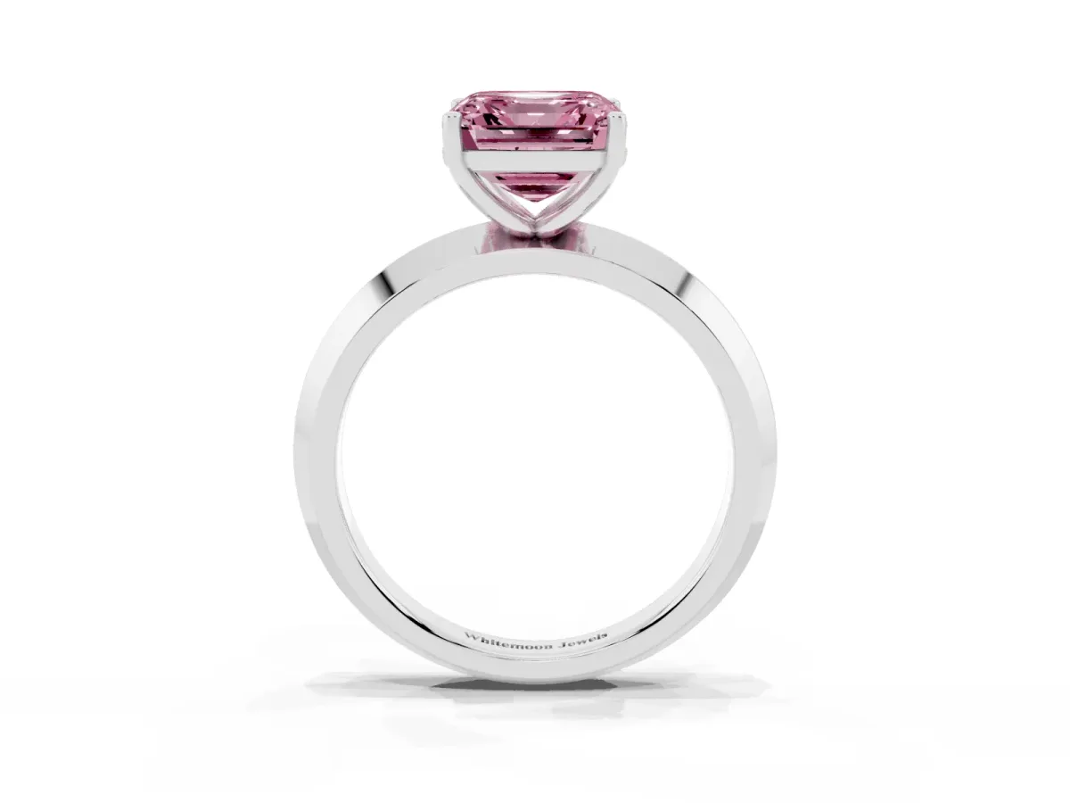 Fancy Pink Asscher Cut Cut Solitaire Engagement Ring with Flat Band and Four-Prong Setting White gold