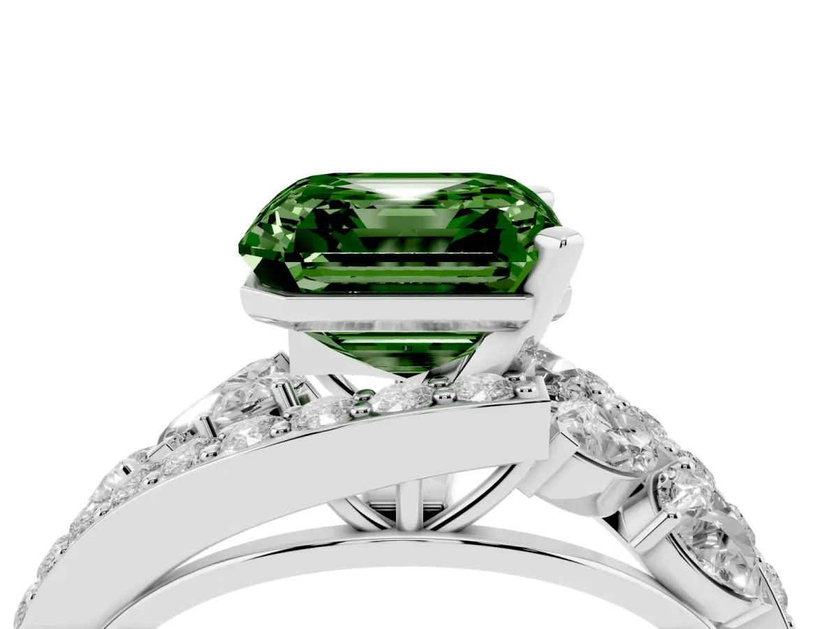 Fancy Green Asscher Cut Diamond Halo Ring with Marquise and Pavé Band in Prong Setting Platinum