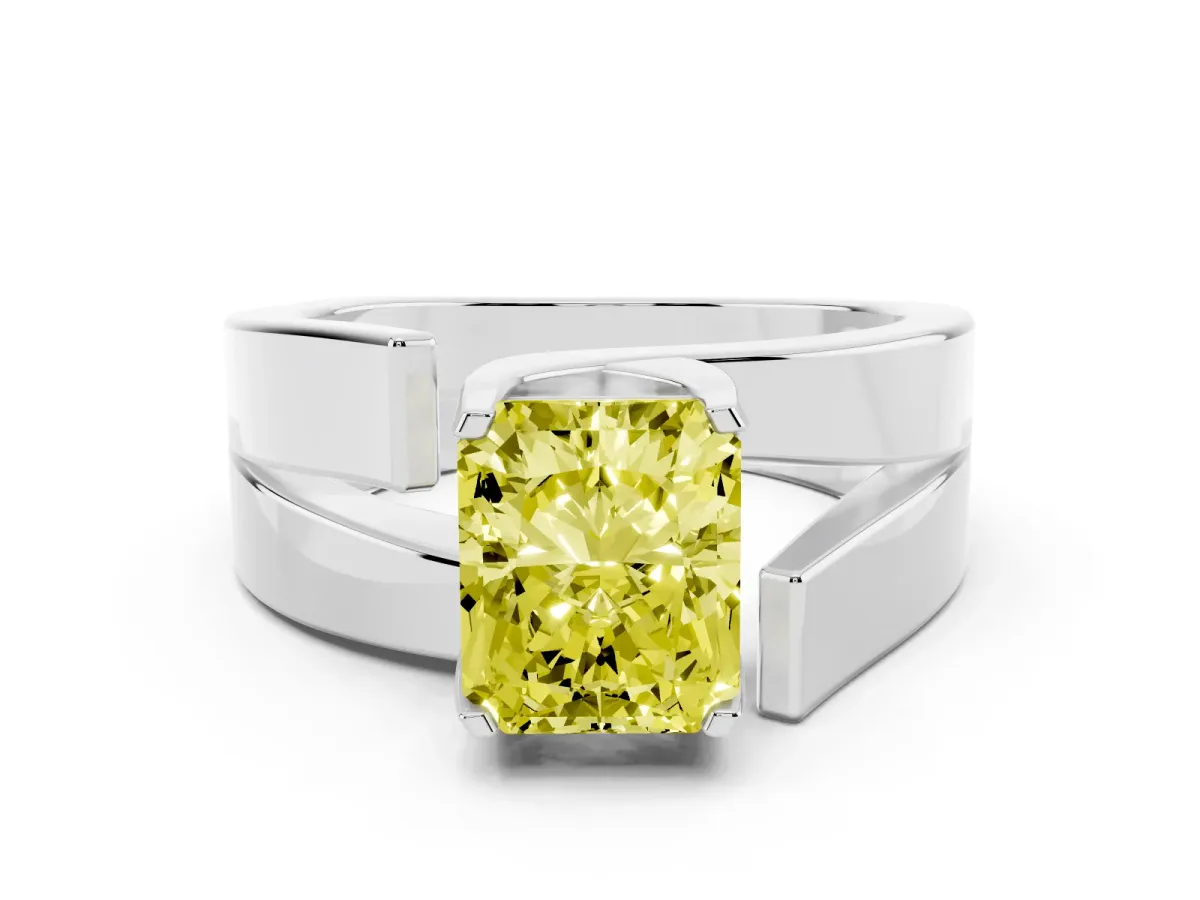 Fancy Yellow Modern Tension Set Radiant Cut Diamond Solitaire Wide Band Ring Silver