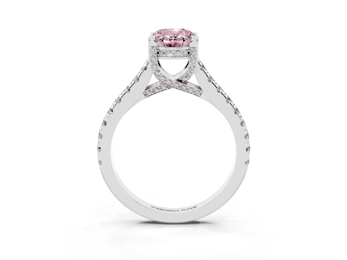 Fancy Pink Oval Cut Brilliant Diamond Solitaire with Pavé Band and Four-Prong Setting Silver