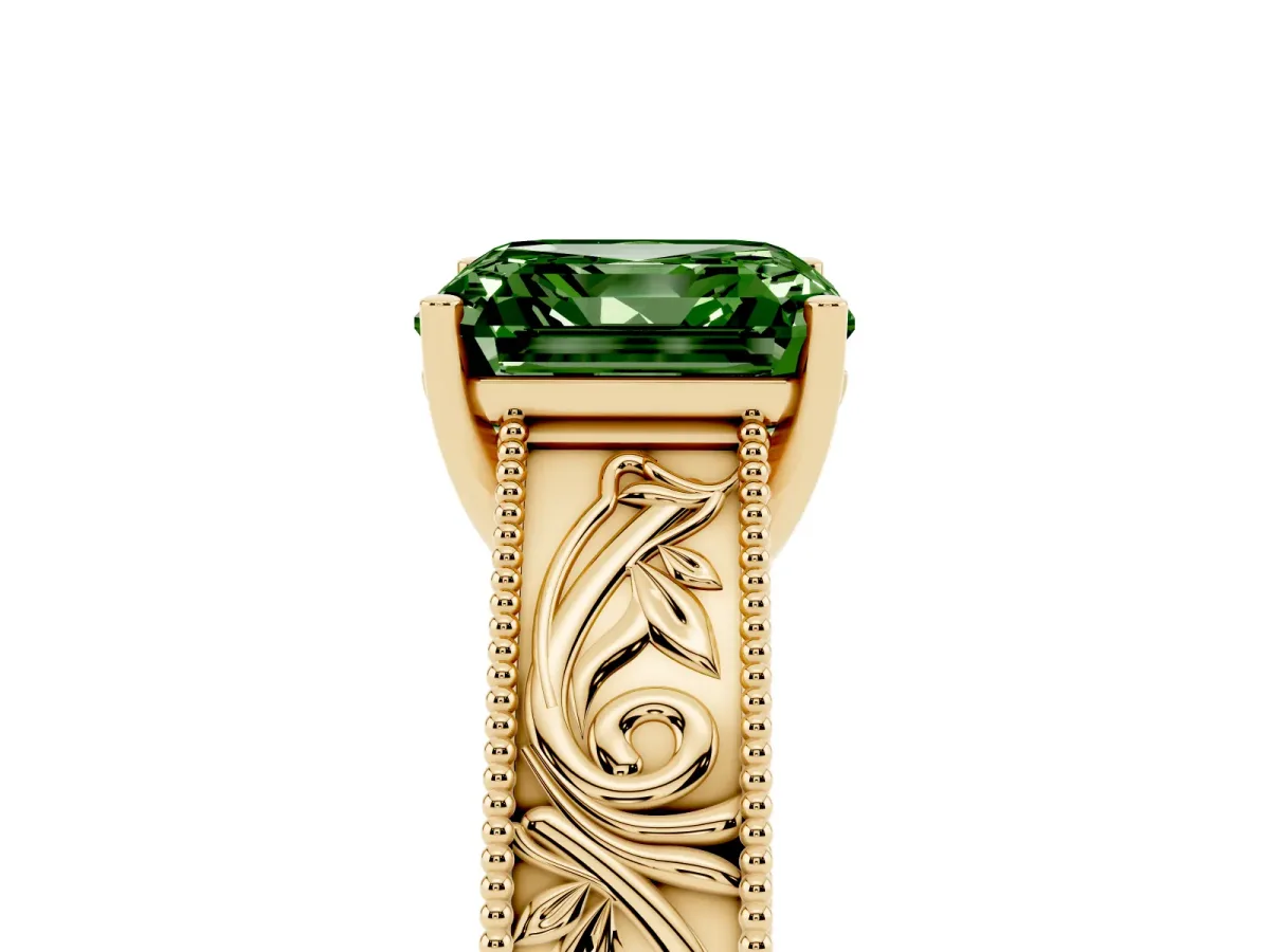 Fancy Green Asscher Cut Diamond Solitaire Ring with Engraved Band and Four-Prong Setting Yellow gold