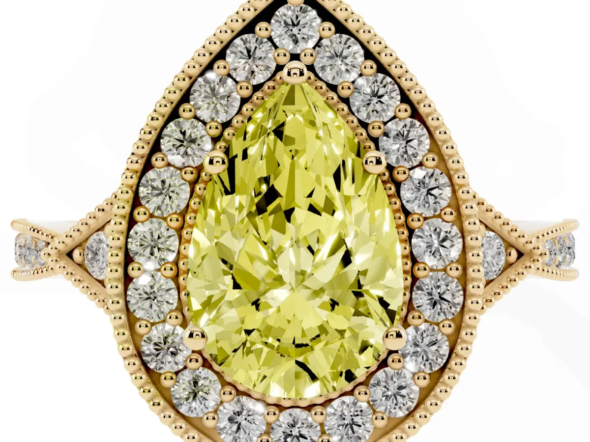 Fancy Yellow Pear Cut Halo Round Diamond Milgrain Pave Engagement Ring Yellow gold