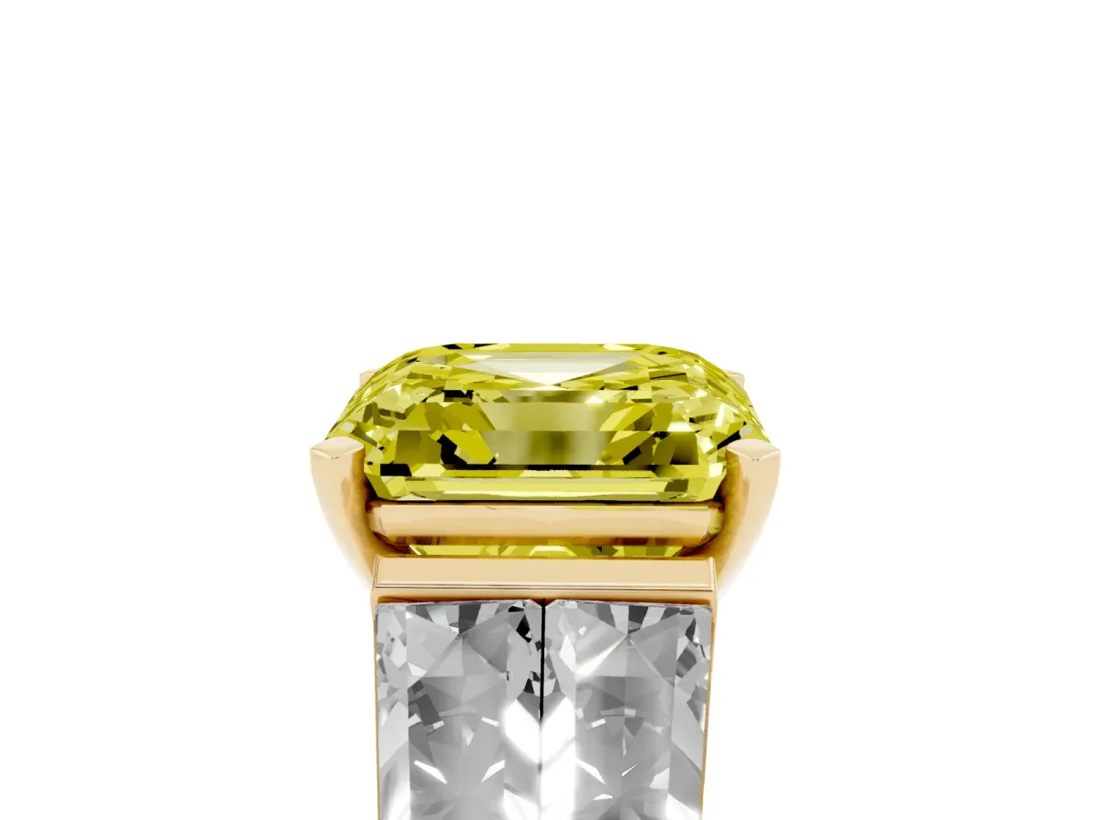 Fancy Yellow Asscher Cut Diamond Engagement Ring with Baguette Side Stones and Channel Set Band Yellow gold