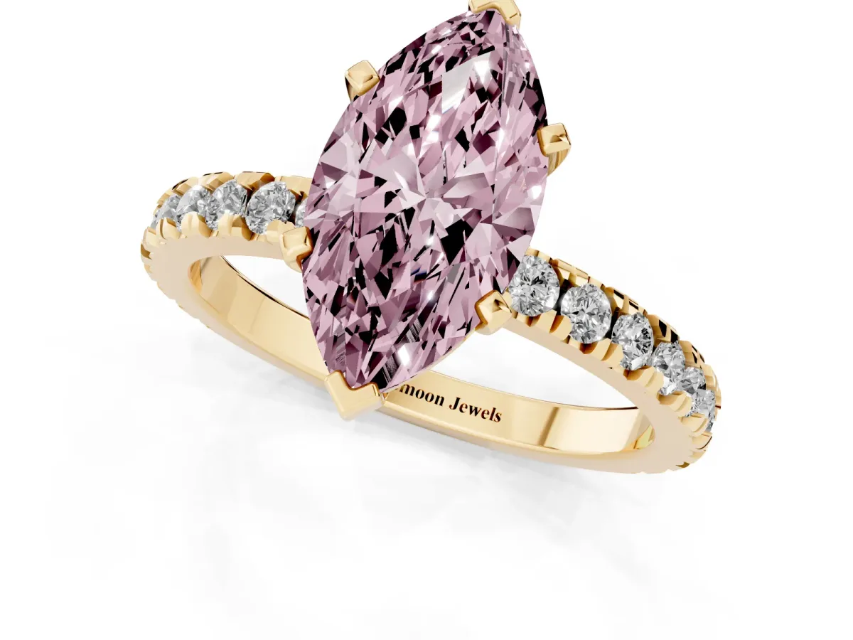 Fancy Pink Marquise Cut Diamond Pavé Band Solitaire with Four-Prong Setting Yellow gold