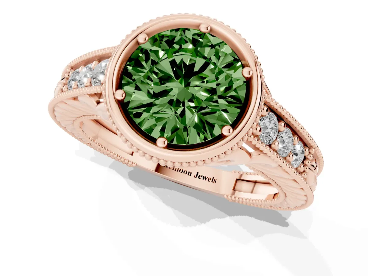 Fancy Green Bezel Set Round Cut Diamond Milgrain Pave Engagement Ring Rose gold