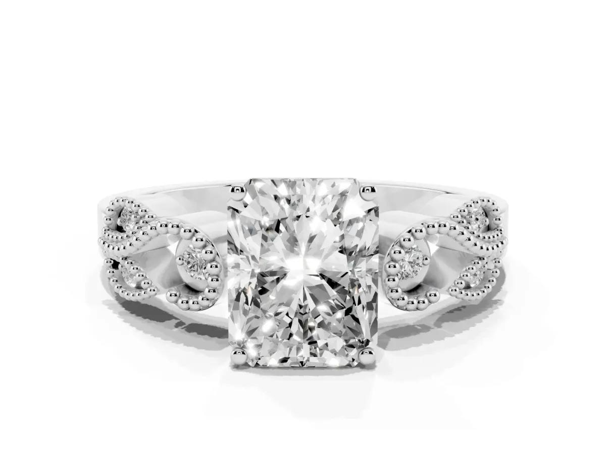 Princess Cut Solitaire Milgrain Leaf Band with Prong Setting White gold