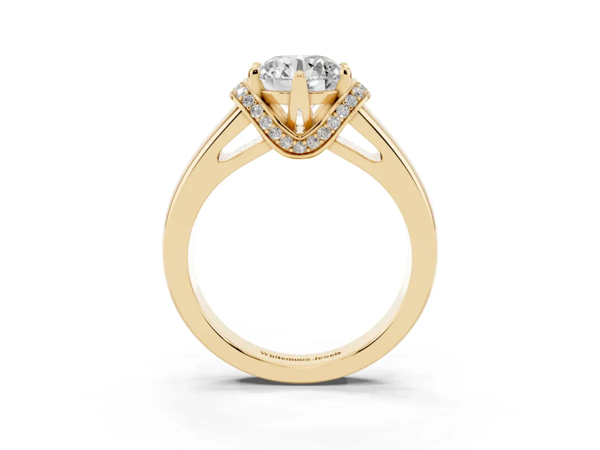 Round Cut Solitaire Diamond Ring with Pave Band and Six-Prong Setting Yellow gold