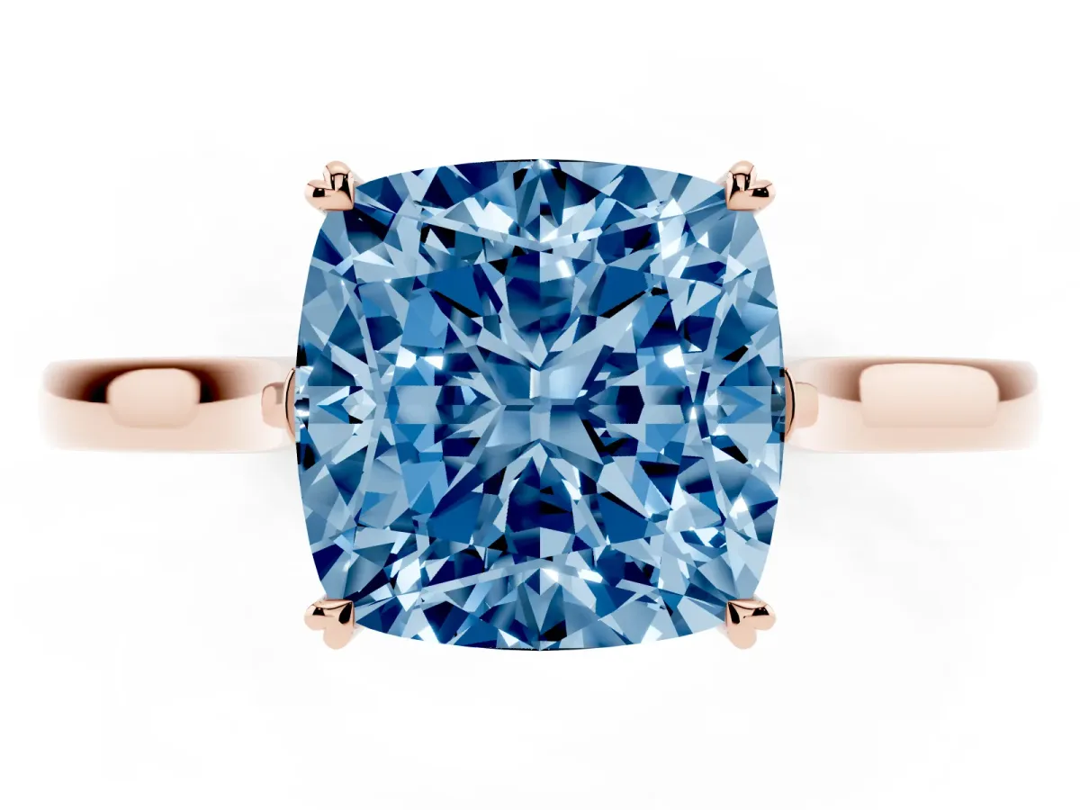 Fancy Blue Cushion Cut Solitaire Heart Prong Engagement Ring with Tapered Band Rose gold