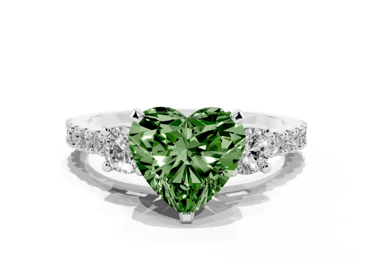 Fancy Green Heart Cut Three-Stone Diamond Pavé Band with Prong Setting Platinum