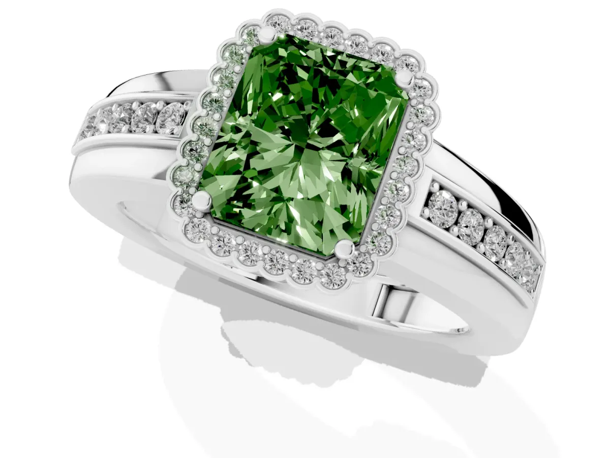 Fancy Green Radiant Cut Cut Halo Pave Band Four-Prong Ring Silver