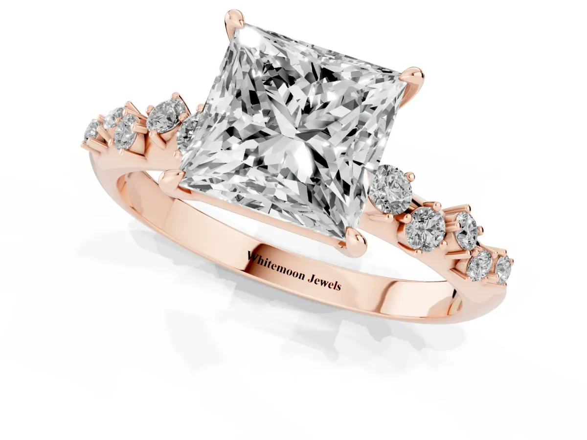Princess Cut Diamond Cluster Side Stone Solitaire Ring with Prong Setting Rose gold