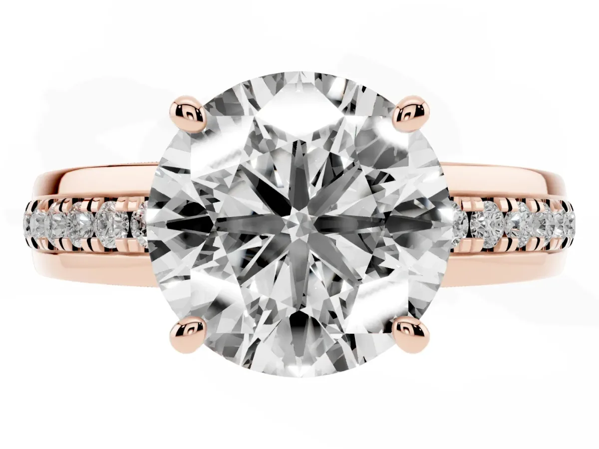 Round Cut Solitaire Diamond Ring with Channel Set Band and Six-Prong Setting Rose gold