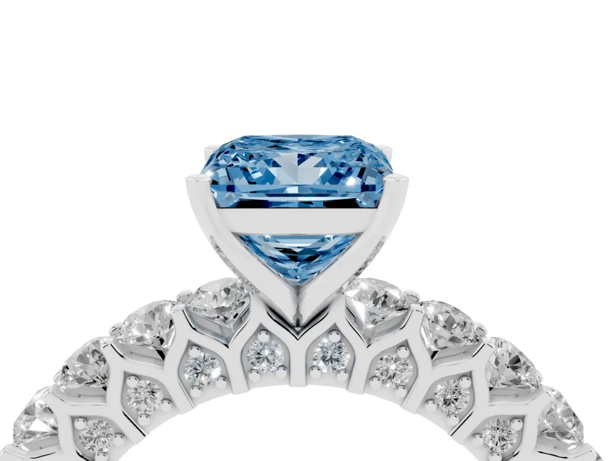 Fancy Blue Princess Cut Diamond Solitaire Ring with Shared Prong Pavé Band and Four-Prong Setting Silver