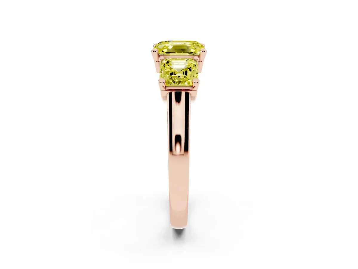 Fancy Yellow Three-Stone Asscher Cut Brilliant Diamond Trellis Ring with Comfort Fit Band Rose gold