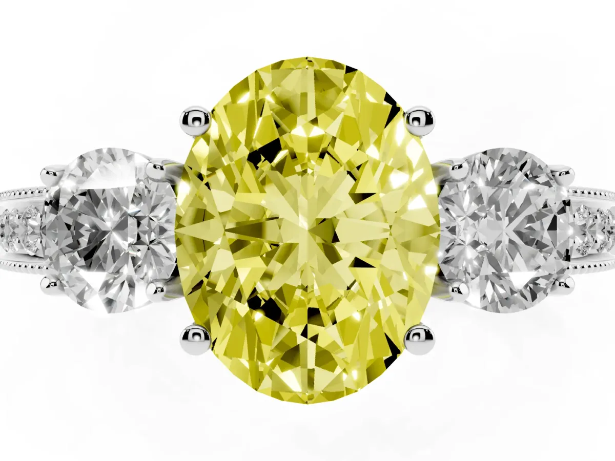 Fancy Yellow Oval Cut Three-Stone Diamond Ring with Pavé Band and Four-Prong Setting Silver