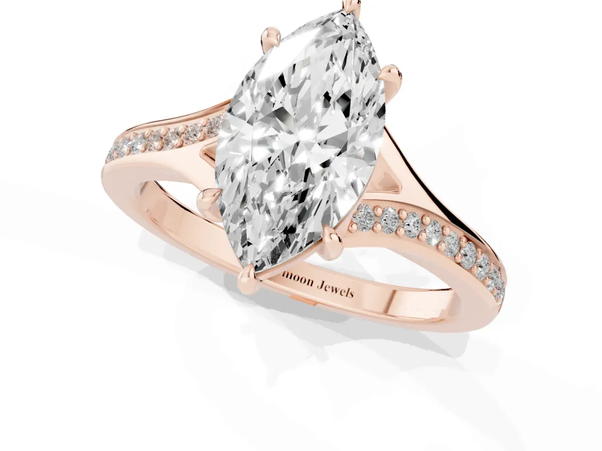 Marquise Cut Diamond Solitaire Ring with Pavé Band and Prong Setting Rose gold