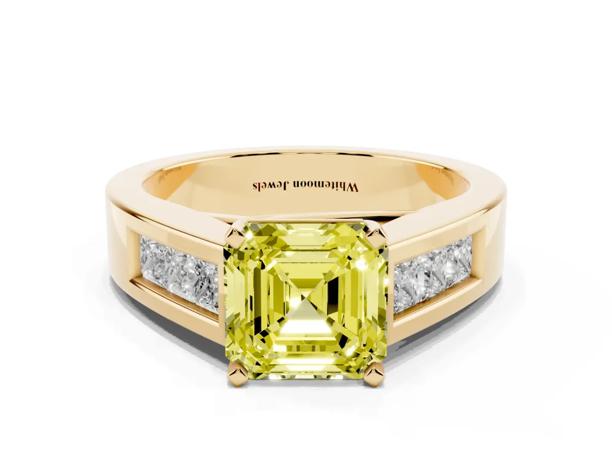 Fancy Yellow Asscher Cut Cut Channel Set Solitaire Ring with Four-Prong Setting Yellow gold