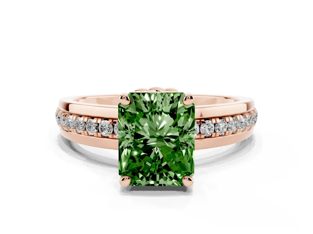 Fancy Green Radiant Cut Solitaire Diamond Ring with Channel Set Band and Six-Prong Setting Rose gold