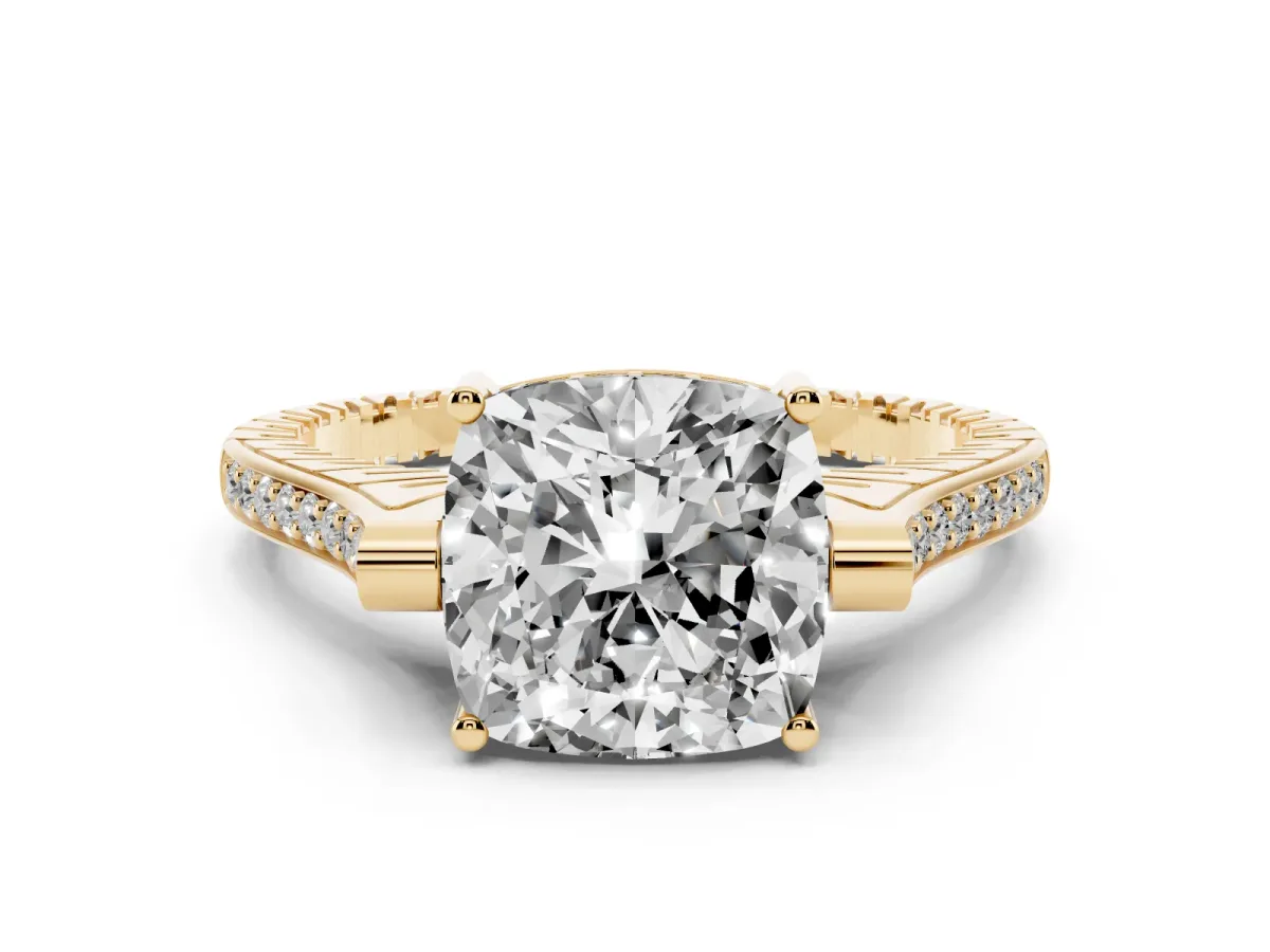 Cushion Cut Solitaire Diamond Ring with Channel Set Band and Bezel Prong Setting Yellow gold