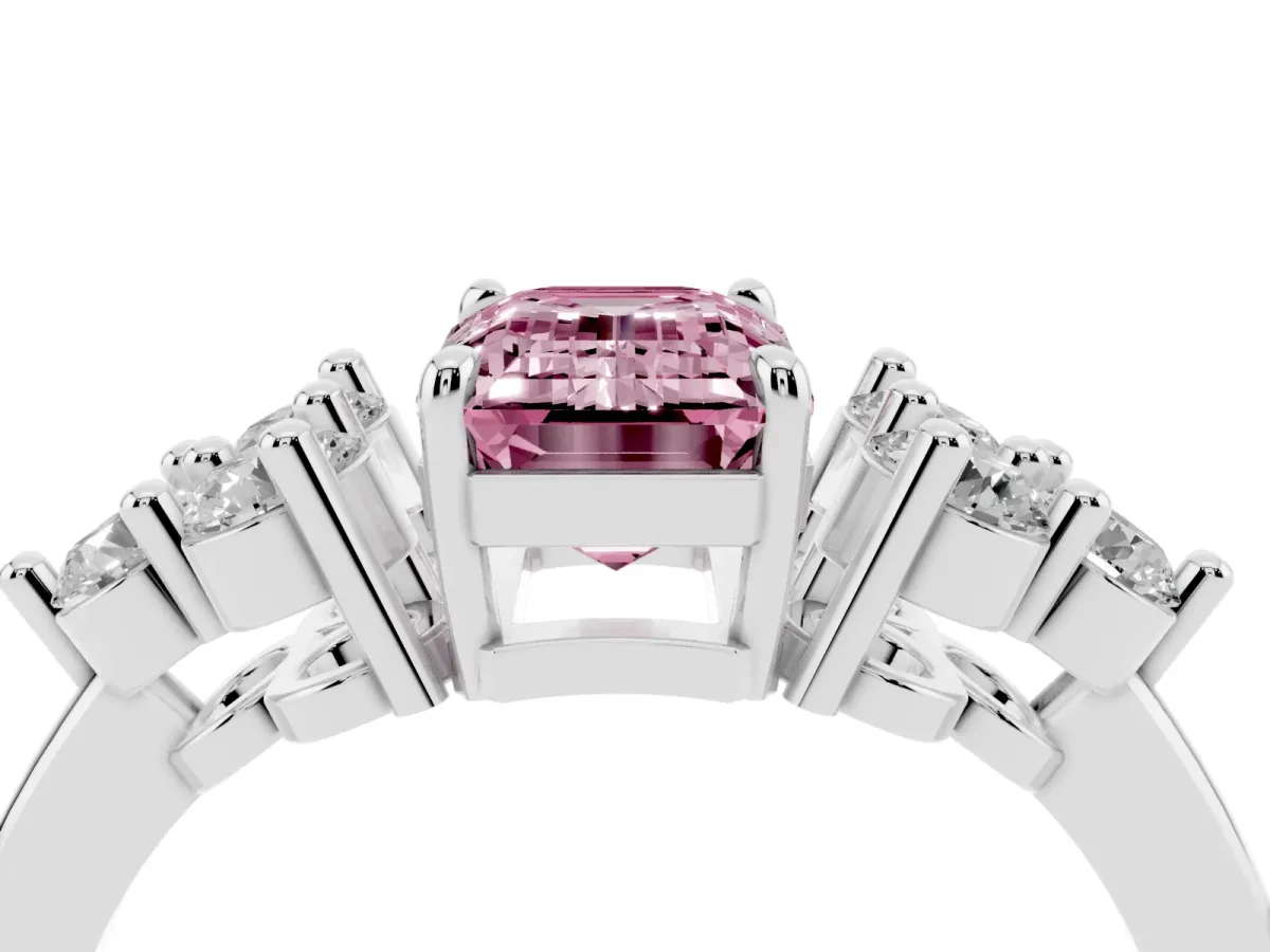 Fancy Pink Emerald Cut Brilliant Diamond Cluster Accent Solitaire Ring with Prong Setting Silver
