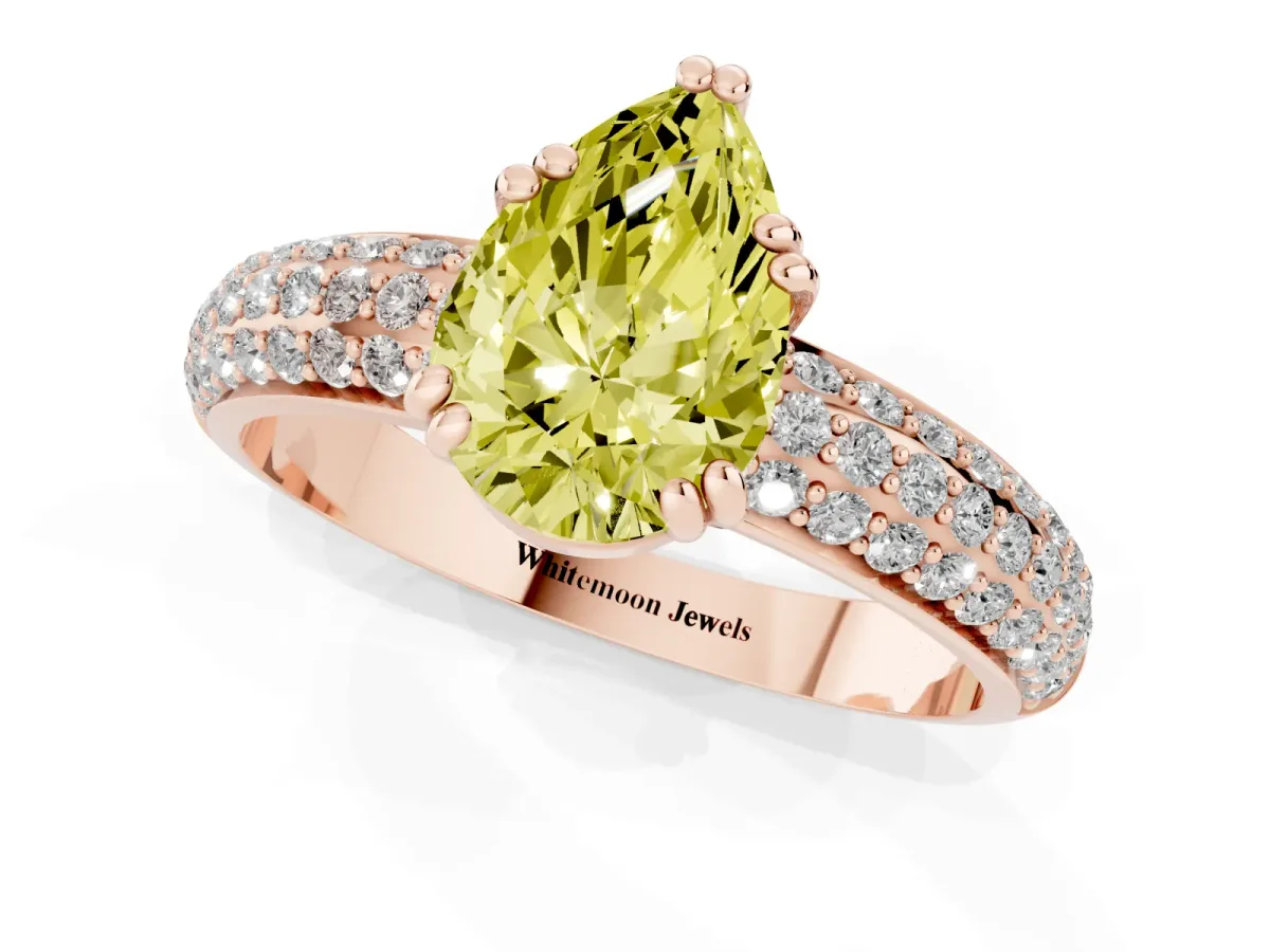 Fancy Yellow Pear Cut Diamond Solitaire Ring with Multi-Row Round Pavé Band and Prong Setting Rose gold