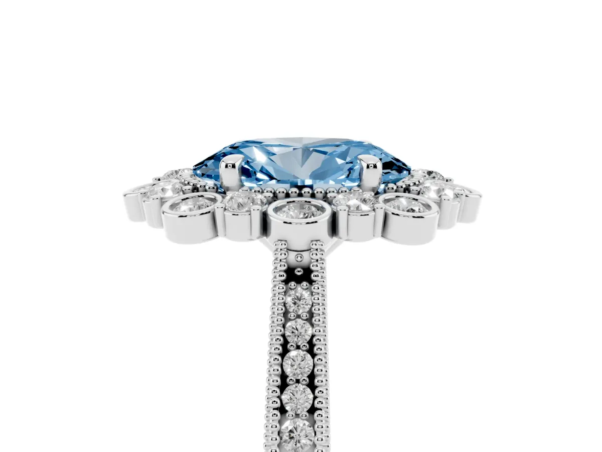 Fancy Blue Oval Cut Halo Milgrain Pave Diamond Ring with Four-Prong Setting Platinum