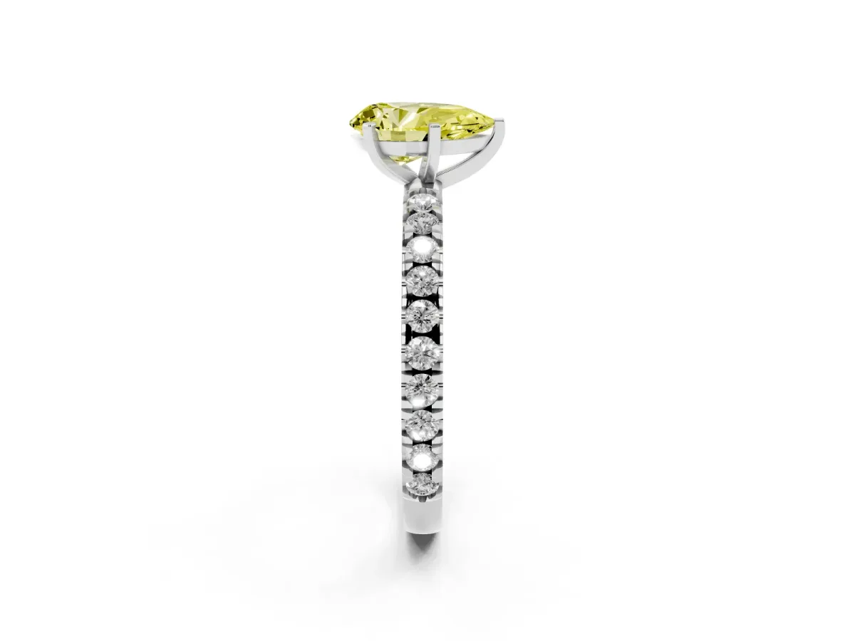 Fancy Yellow Pear Cut Diamond Pavé Band Solitaire with Four-Prong Setting Platinum