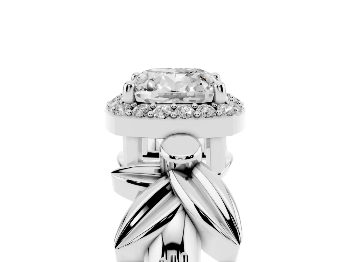 Cushion Cut Halo Diamond Floral Band with Four-Prong Setting White gold