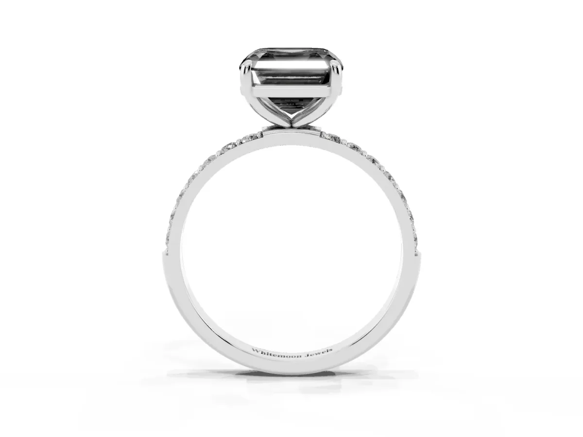 Fancy Black Asscher Cut Diamond Solitaire Ring with Round Pavé Band and Prong Setting Silver