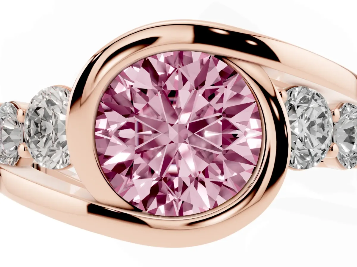 Fancy Pink Bezel Set Round Cut Diamond Bypass Ring with Round Accents Rose gold