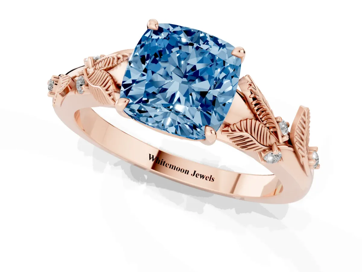 Fancy Blue Cushion Cut Diamond Solitaire Ring with Leaf Motif Band and Four-Prong Setting Rose gold