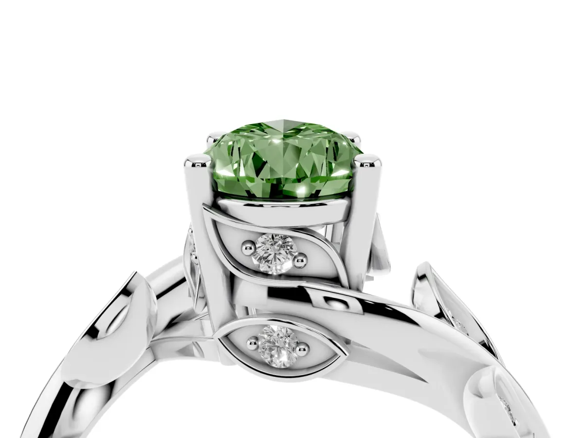 Fancy Green Pear Cut Solitaire Twist Engagement Ring with Leaf Accents and Prong Setting Silver