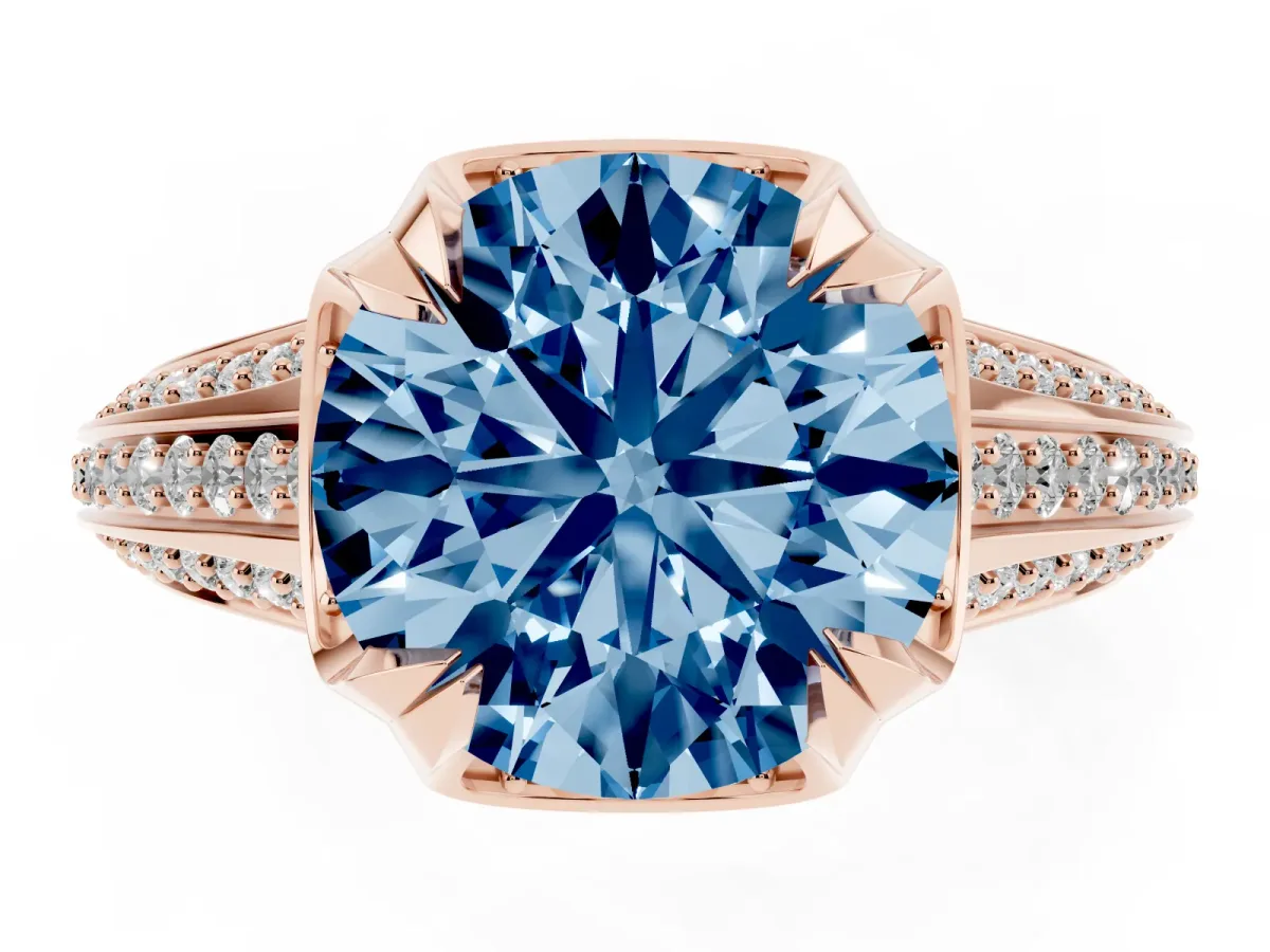 Fancy Blue Round Cut Solitaire Pave Split Shank Ring with Four-Prong Setting Rose gold